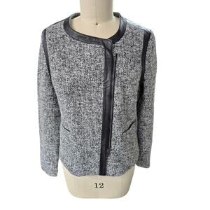 DKNY JEANS Viscos/Wool Blend Sweater Jacket Satin Lined Faux Leather Trim SzXL